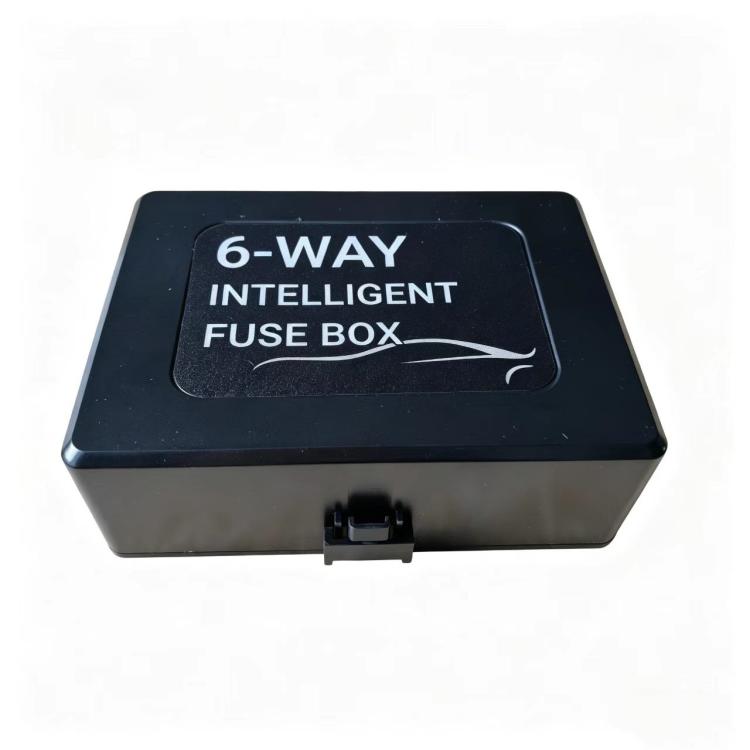6-way intelligent fuse box, black, with front latch and '6-WAY' label