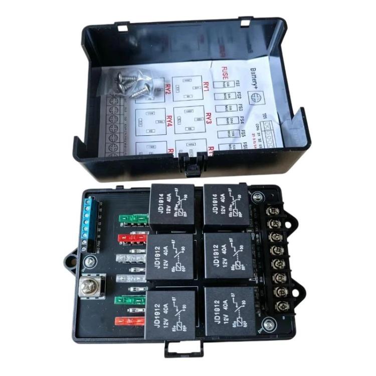 6-way relay fuse box with open lid showing circuit diagram and relay slots