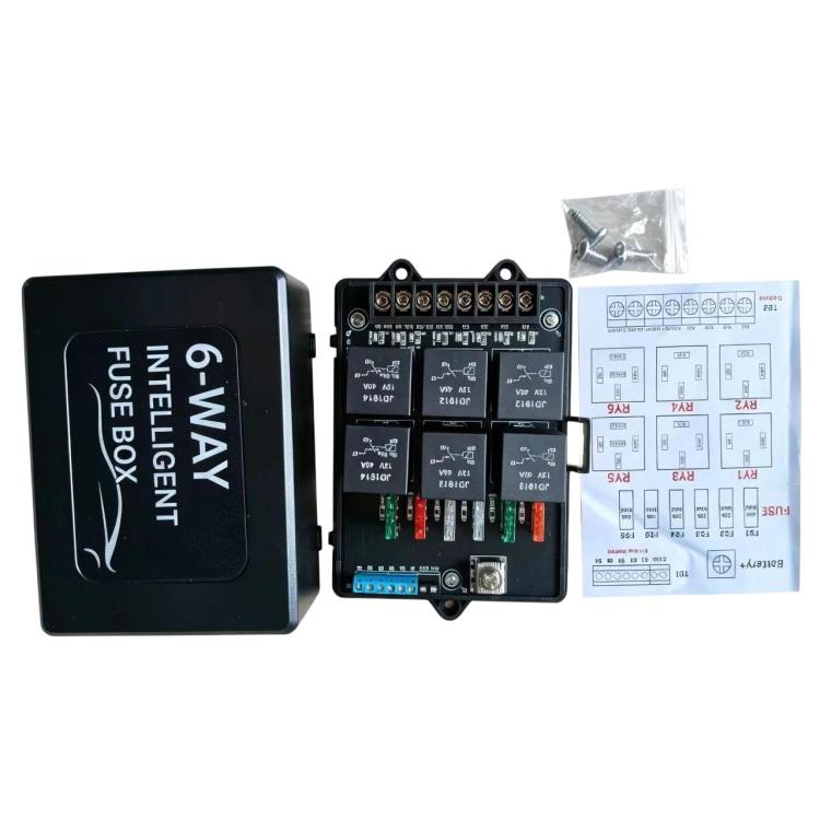 6-way intelligent fuse box kit with black cover, terminal board, and wiring diagram