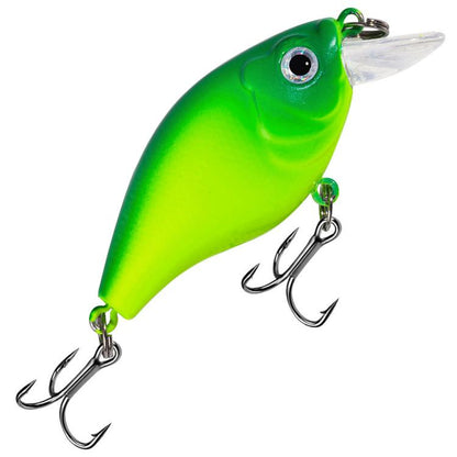 Green hard fishing crankbait lure with clear lip and two treble hook sets