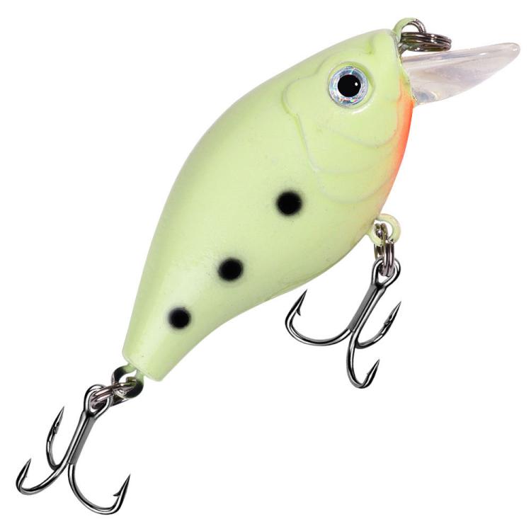 Pale yellow hard fishing crankbait lure with clear lip, black eye and dot markings