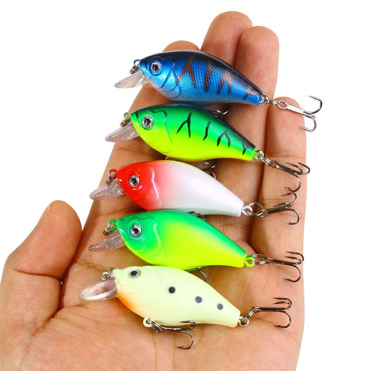 Assorted hard crankbait lures in blue, green, red, and yellow tones with treble hooks