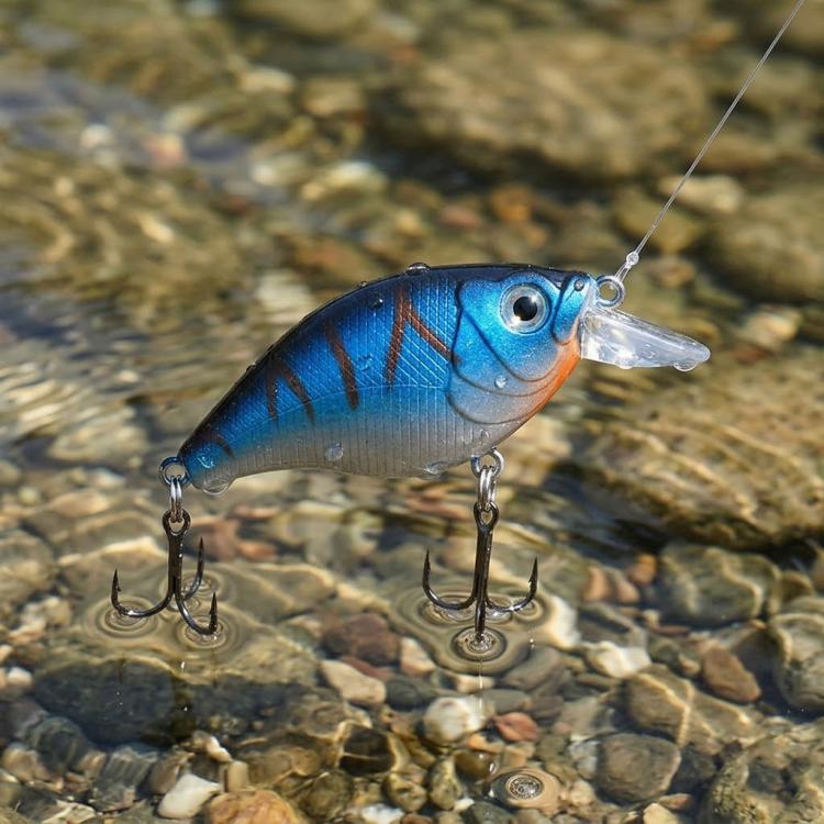 Blue hard fishing crankbait lure with clear lip and two treble hook sets