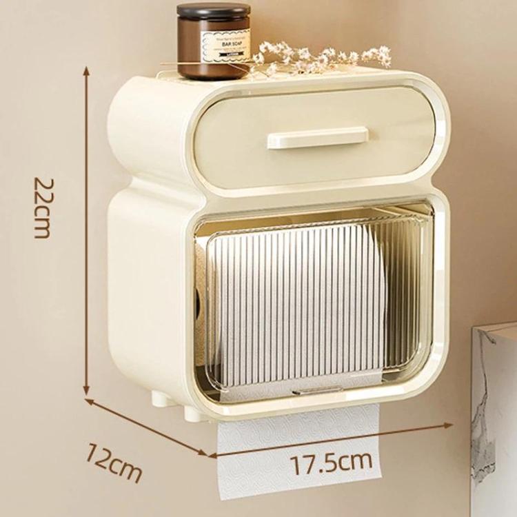 White wall-mounted tissue storage rack with curved lid and slatted roll compartment