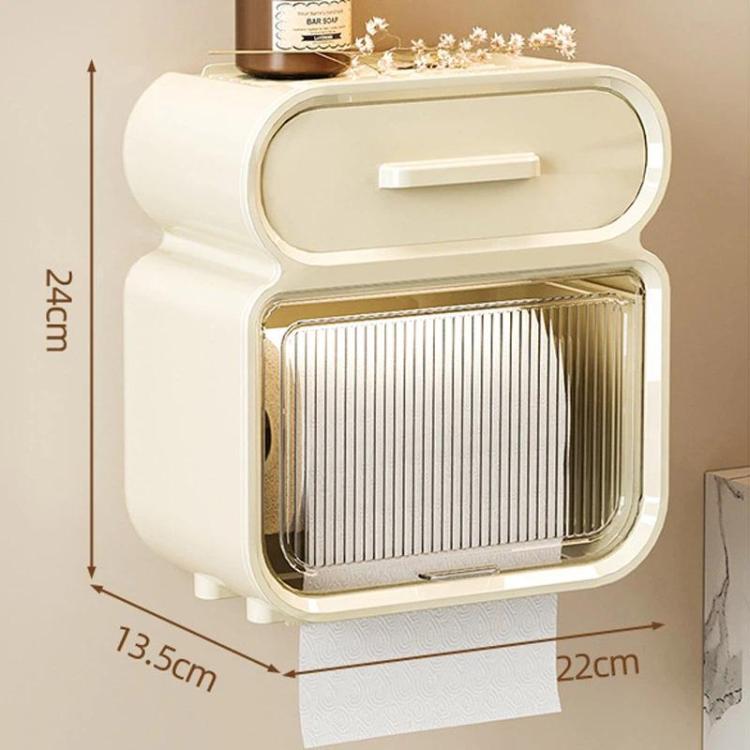 White wall-mounted tissue storage rack with open slatted roll compartment and top slot