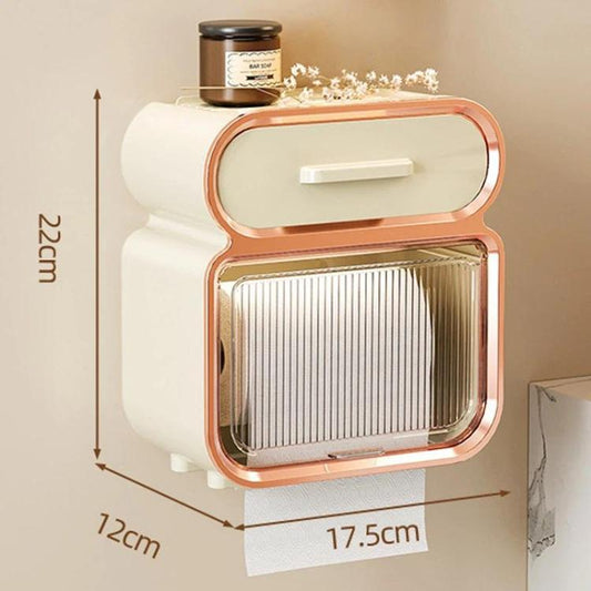White tissue storage rack with orange frame, curved lid, and slatted roll compartment