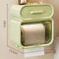 Green tissue storage rack with curved lid and open slatted roll compartment