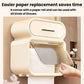White wall-mounted tissue storage rack with curved lid and hand pulling tissue