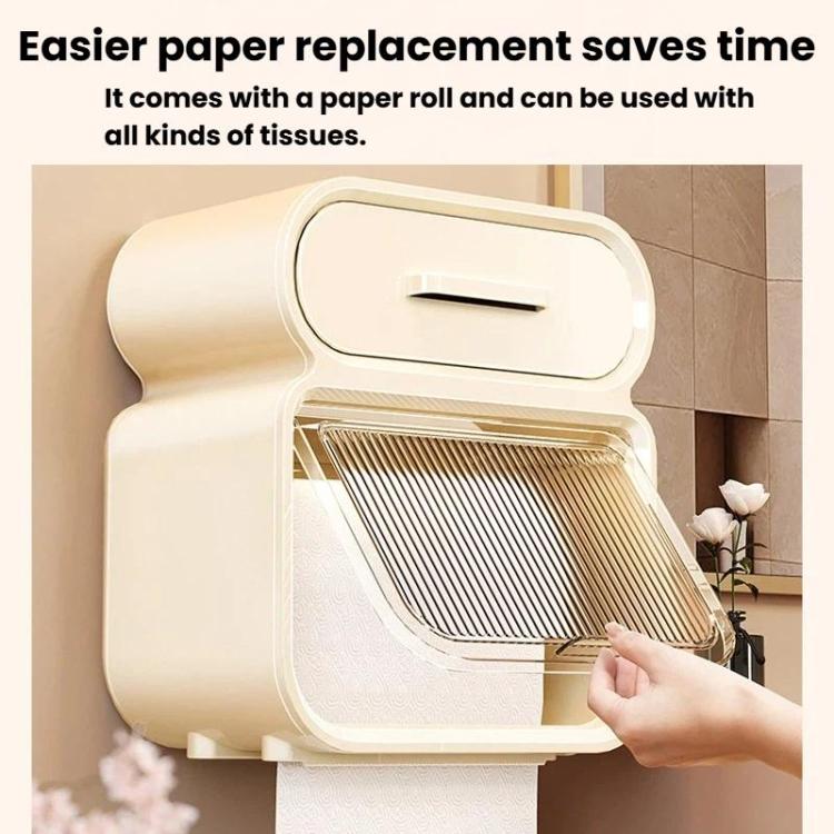 White wall-mounted tissue storage rack with curved lid and hand pulling tissue