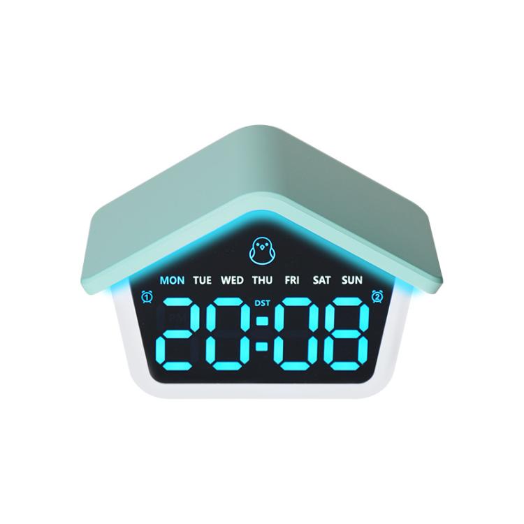 House-shaped digital alarm clock with blue LED time display and teal night light glow