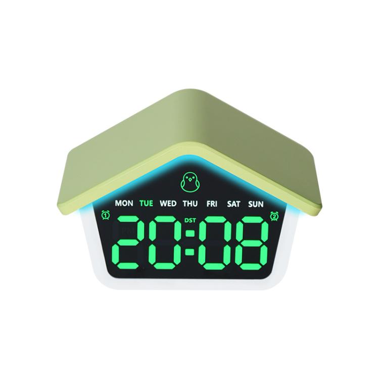 House-shaped digital alarm clock with green LED time display and light green night light glow