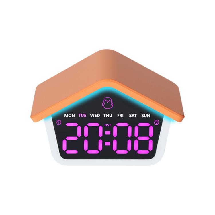 House-shaped digital alarm clock with purple LED time display and orange night light glow