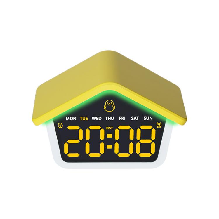 House-shaped digital alarm clock with yellow/orange LED time display and yellow night light glow