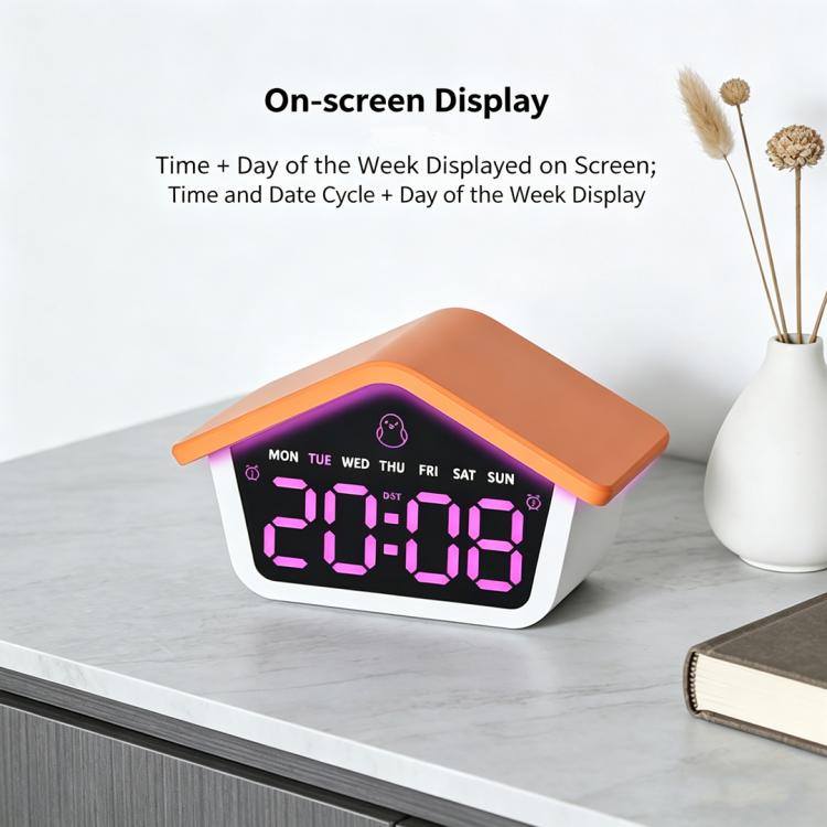 House-shaped digital alarm clock with purple LED time display and orange ambient night light