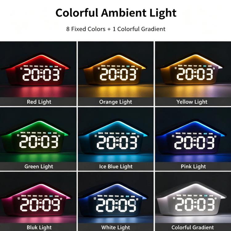 House-shaped digital alarm clock showing multiple night light colors on the glowing display