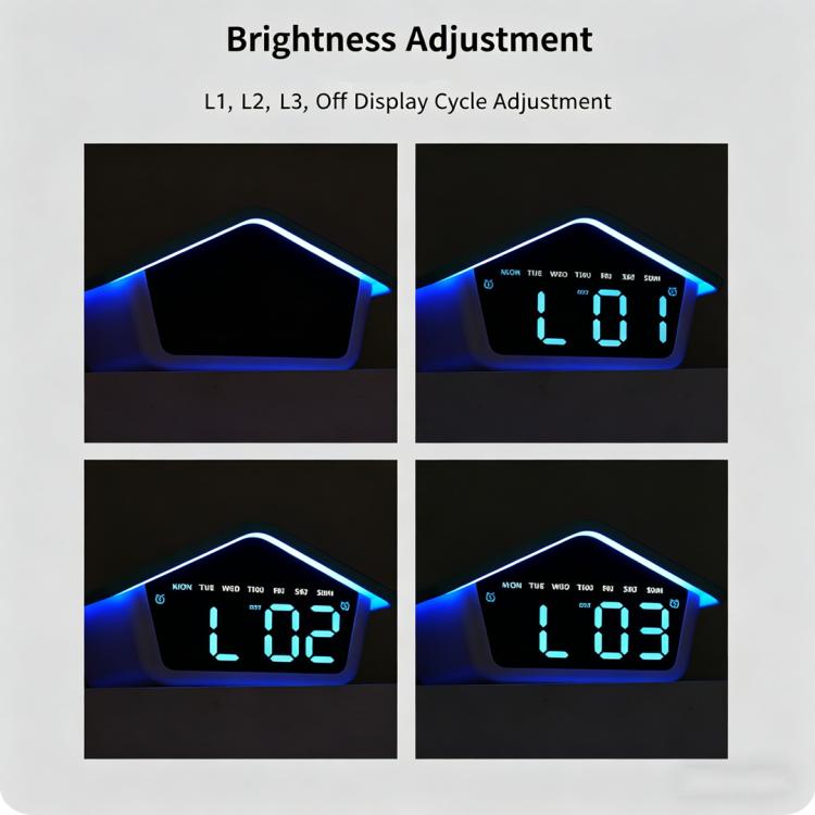 House-shaped digital alarm clock with adjustable brightness blue LED time display