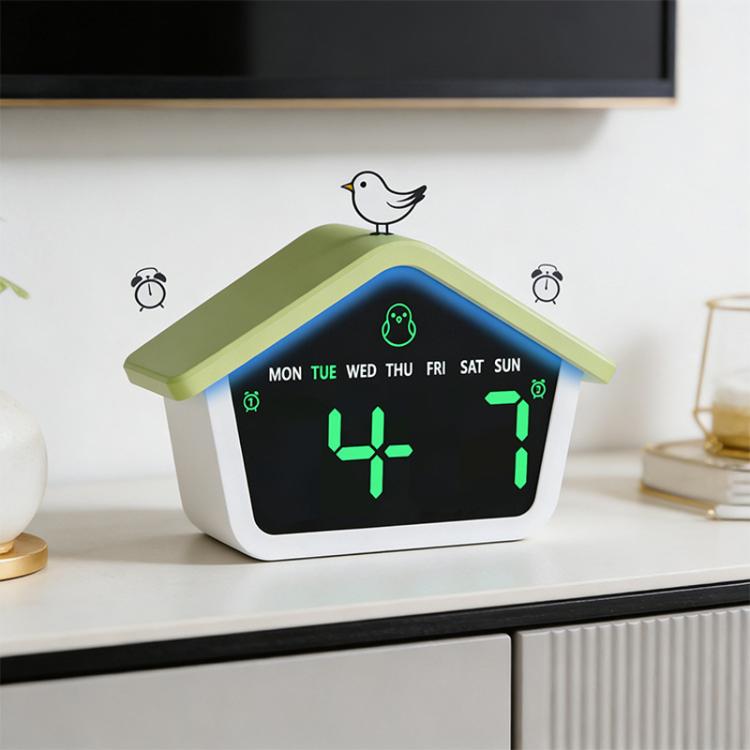 House-shaped digital alarm clock with green LED time display and bird-top accent