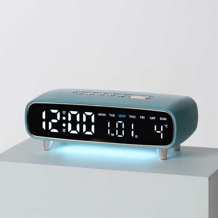 Sky blue digital alarm clock with date, weekday, temperature, and time display on front