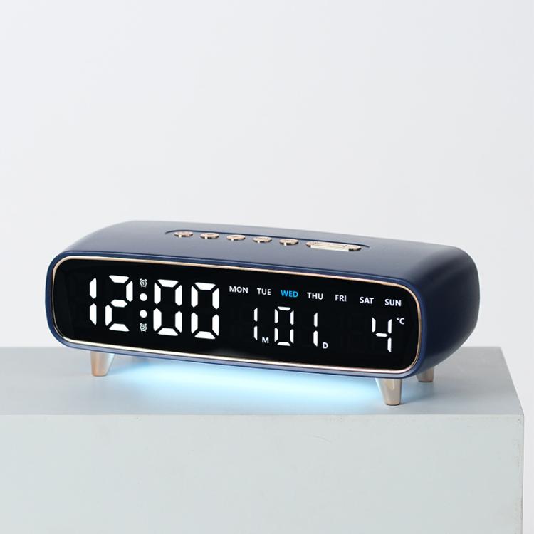 Deep blue digital alarm clock with date, weekday, temperature, and time display on front
