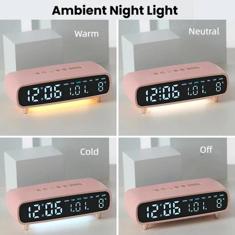 Pink digital alarm clock showing time with ambient night light glow
