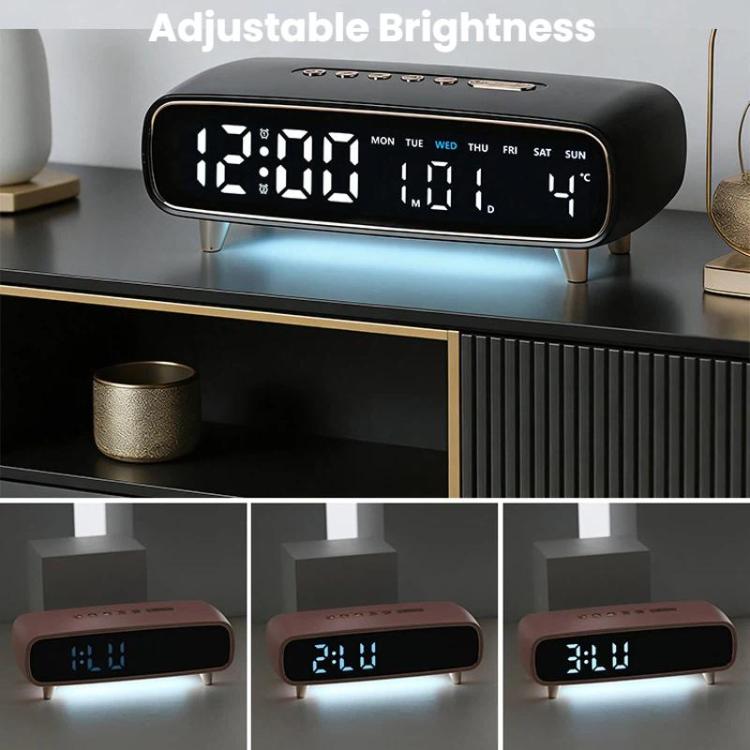 Black digital alarm clock with adjustable brightness display and time readout