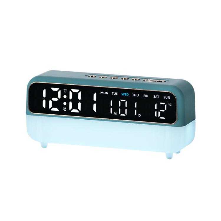 Sky blue digital alarm clock with large LED time display and night light base