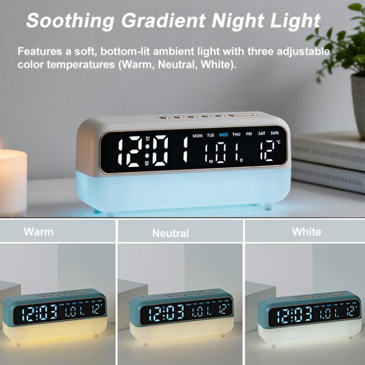 Teal digital alarm clock with gradient night light and LED time display