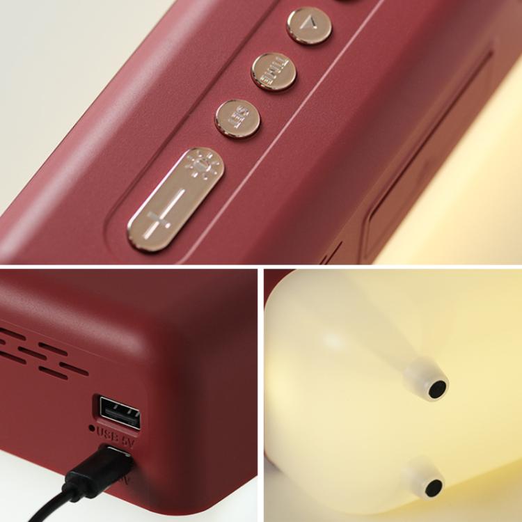 Red digital alarm clock control buttons with USB charging port and power openings