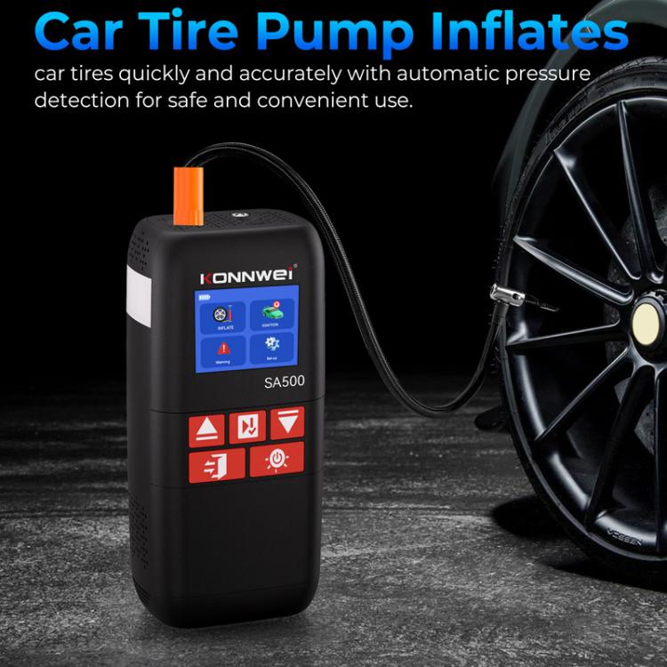 Portable tire inflator with color display and connected air hose