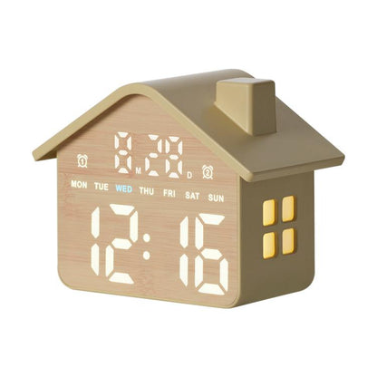 Yellow house-shaped digital alarm clock with white time digits and day-of-week icons