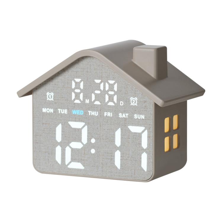 Gray house-shaped digital alarm clock with bright white time digits and day-of-week icons