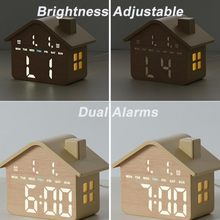 House-shaped digital alarm clock with glowing window lights and bright white time display