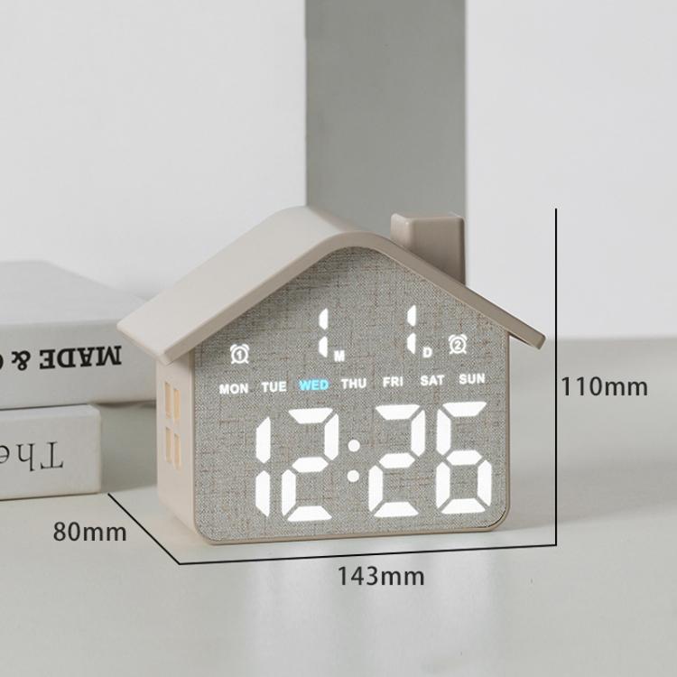 Gray house-shaped digital alarm clock with front display and size measurements (143mm)