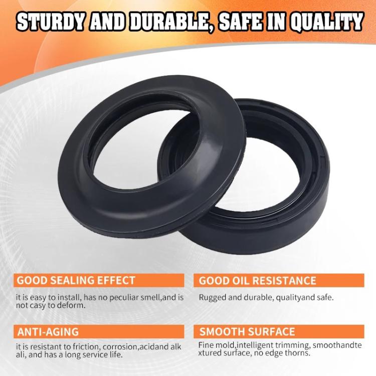 Two black motorcycle front fork oil seal and dust cover rings, side by side