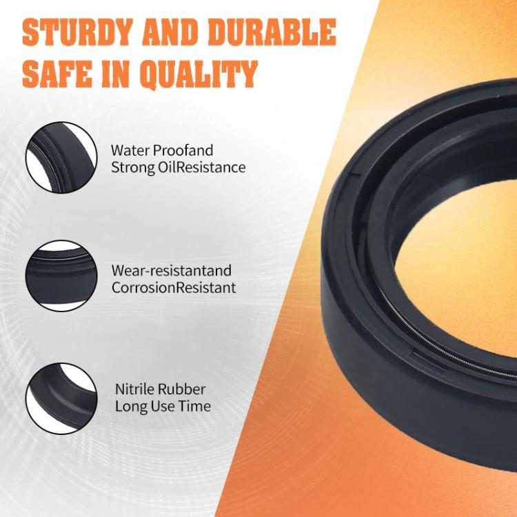 Black motorcycle front fork oil seal and dust cover ring, close-up edge view