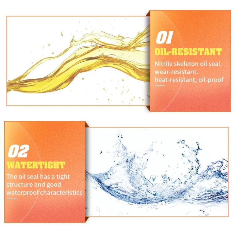 Oil seal performance graphics showing oil resistance and water-tight seal features