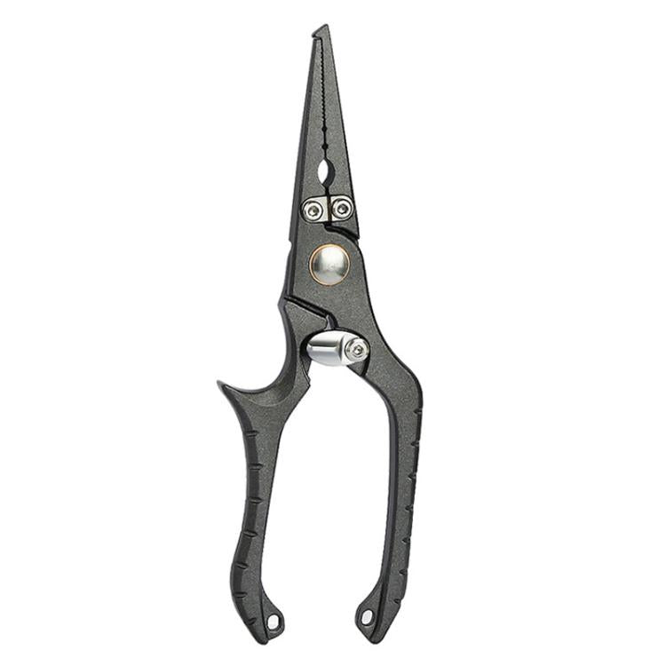 Multi-function fishing pliers with hook remover, dark metal jaws and solid handle
