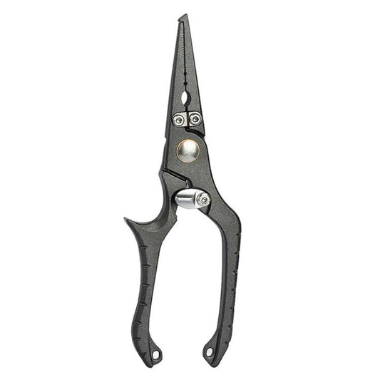 Multi-function fishing pliers with hook remover, dark metal jaws and solid handle