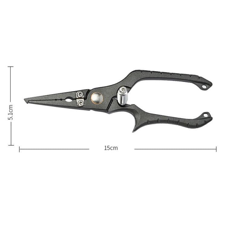 15 cm fishing pliers with dark metal jaws and solid handle, compact tool