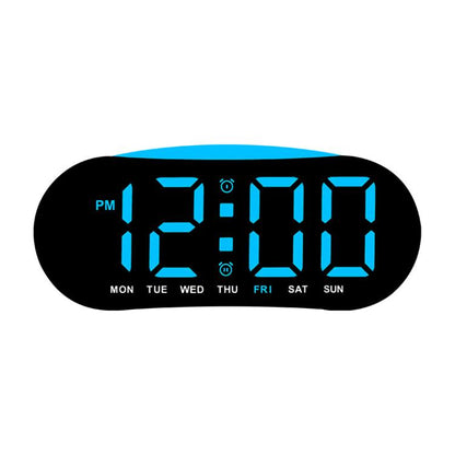 Digital alarm clock with blue LED time and day-of-week display