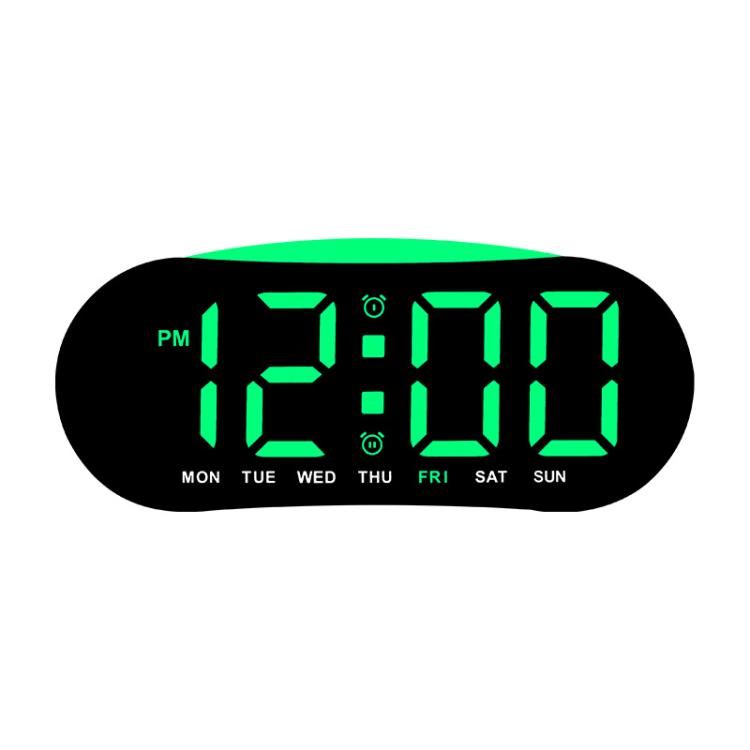 Digital alarm clock with green LED time and day-of-week display