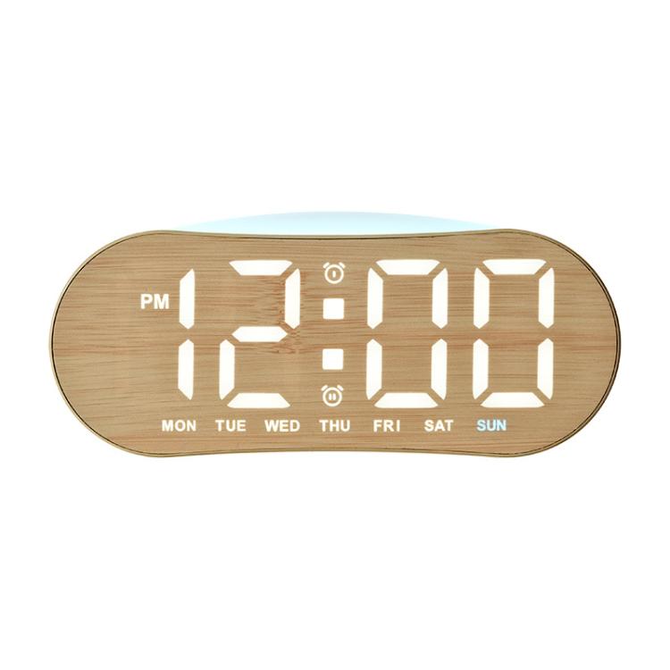 Digital alarm clock with light wood shell and white LED time display