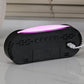 Digital alarm clock with purple LED strip on black base and buttons