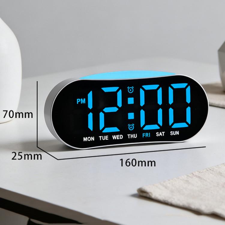Digital alarm clock with blue LED time display and rounded black body