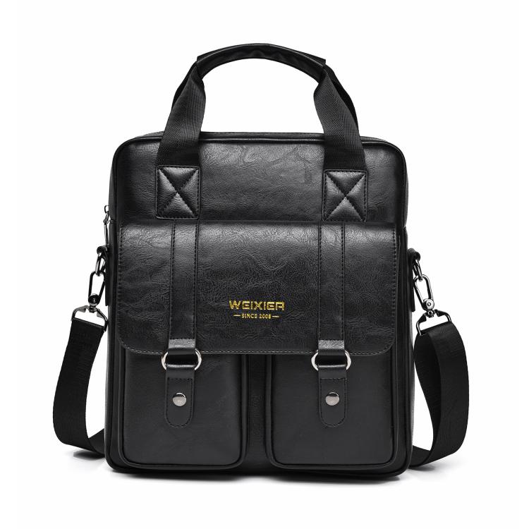 Black vintage-style PU messenger bag with quilted flap, front pockets, top handle and strap