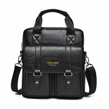 Black vintage-style PU messenger bag with quilted flap, front pockets, top handle and strap