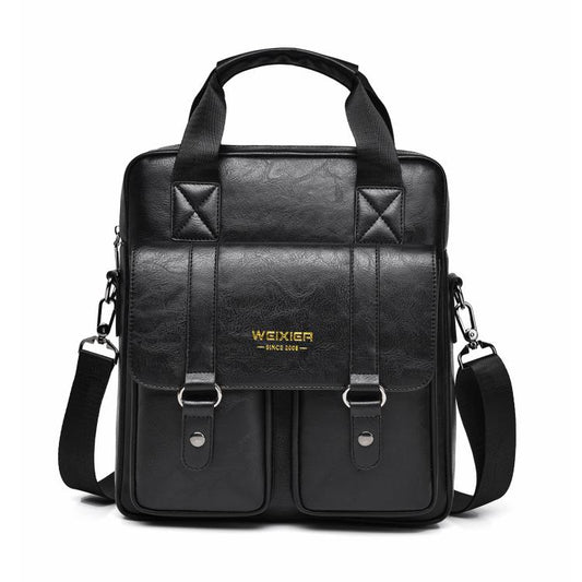 Black vintage-style PU messenger bag with quilted flap, front pockets, top handle and strap