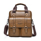 Light brown vintage-style PU messenger bag with quilted flap, front pockets, top handle and strap