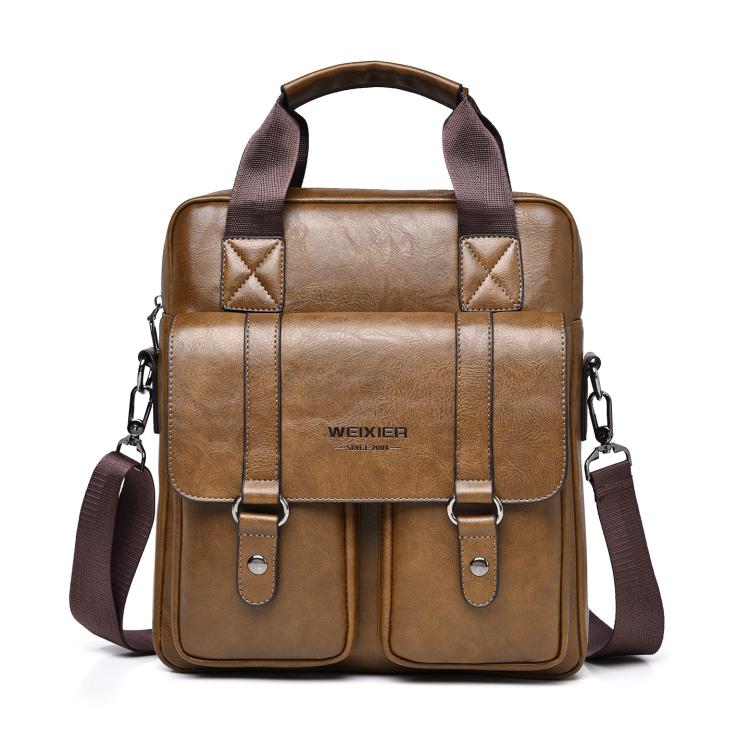 Light brown vintage-style PU messenger bag with quilted flap, front pockets, top handle and strap