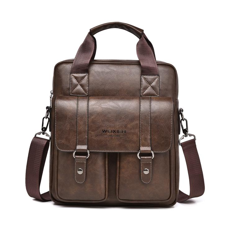 Deep brown vintage-style PU messenger bag with quilted flap, front pockets, top handle and strap